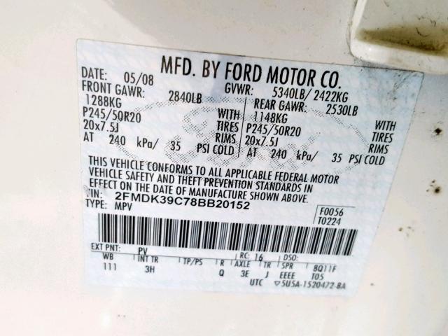 2FMDK39C78BB20152 - 2008 FORD EDGE LIMIT WHITE photo 10