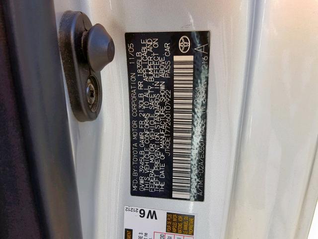 JTKDE177260107922 - 2006 TOYOTA SCION TC 银色 照片 10