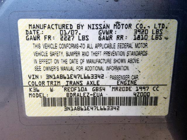 3N1AB61E47L663342 - 2007 NISSAN SENTRA 2.0 GRAY photo 10