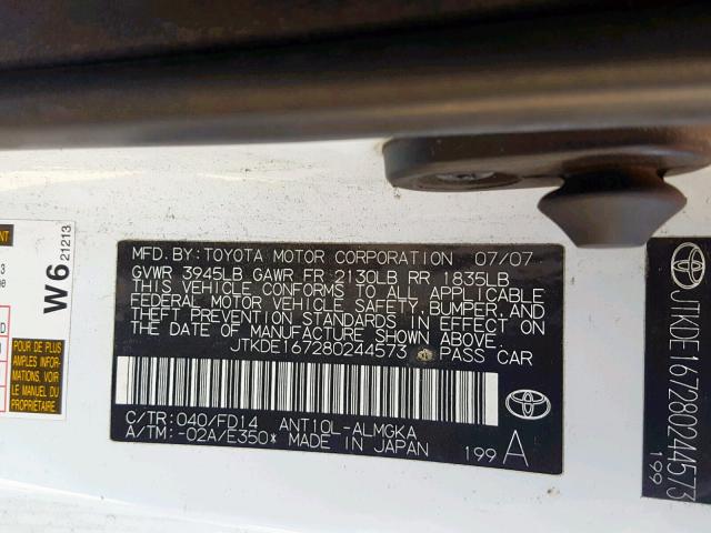 JTKDE167280244573 - 2008 TOYOTA SCION TC თეთრი ფოტო 10