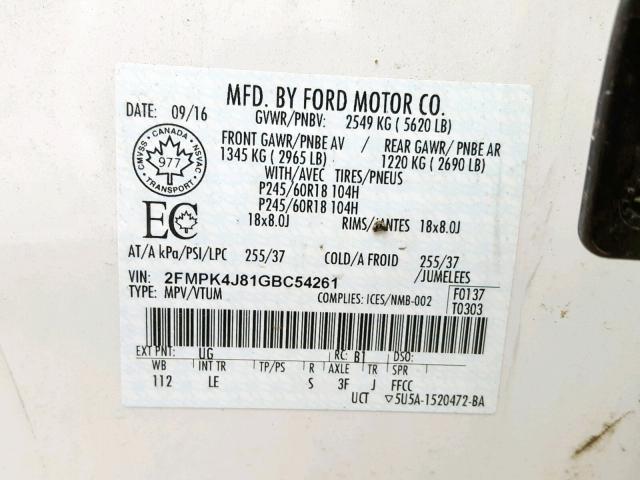 2FMPK4J81GBC54261 - 2016 FORD EDGE SEL WHITE photo 10