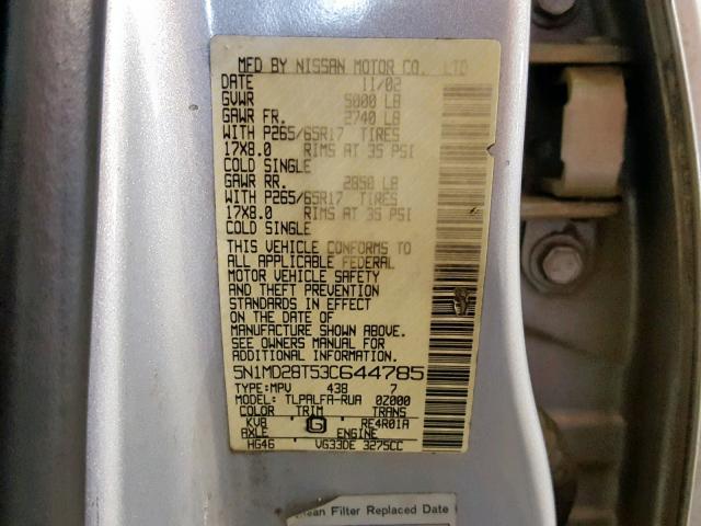 5N1MD28T53C644785 - 2003 NISSAN XTERRA SE SILVER photo 10