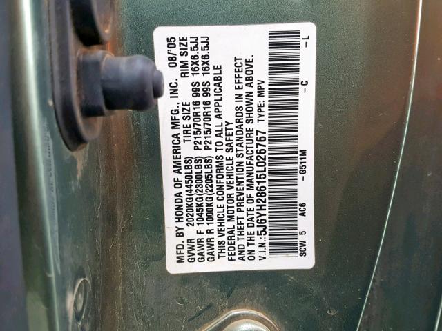 5J6YH28615L026767 - 2005 HONDA ELEMENT EX GREEN photo 10