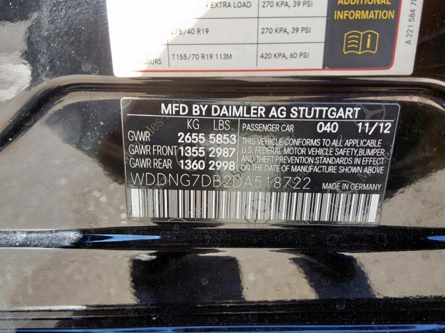 WDDNG7DB2DA518722 - 2013 MERCEDES-BENZ S 550 BLACK photo 10