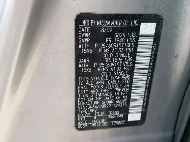 JN8AZ28R29T124375 - 2009 NISSAN CUBE BASE SILVER photo 10