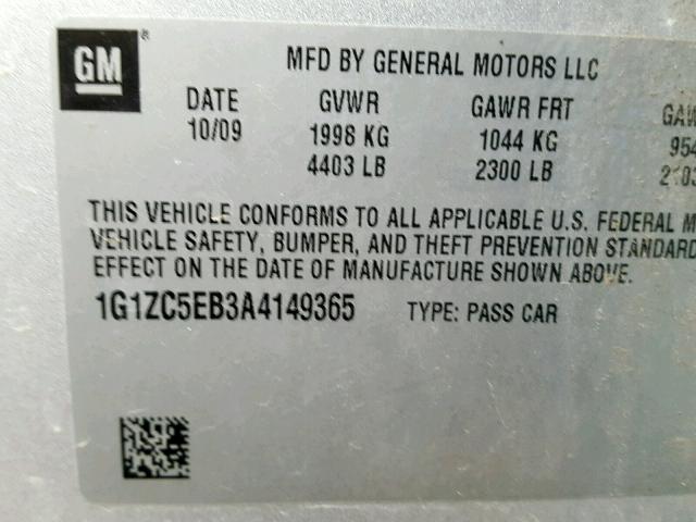 1G1ZC5EB3A4149365 - 2010 CHEVROLET MALIBU 1LT SILVER photo 10