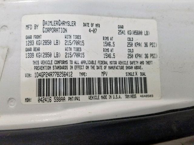 1D4GP24R77B256412 - 2007 DODGE GRAND CARA WHITE photo 10