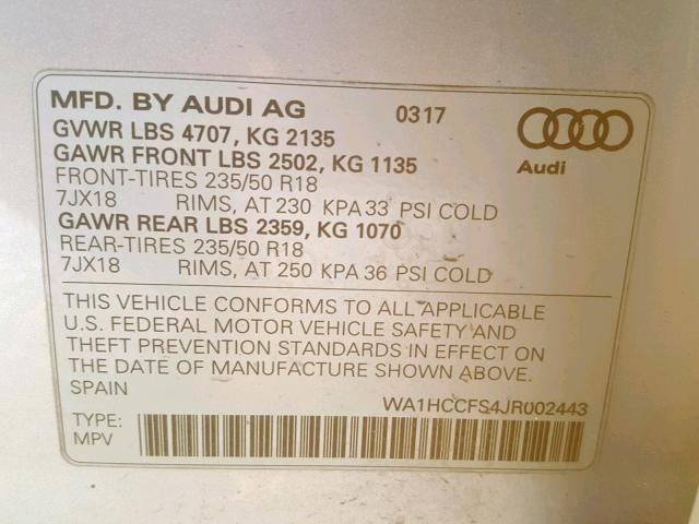 WA1HCCFS4JR002443 - 2018 AUDI Q3 PREMIUM SILVER photo 10