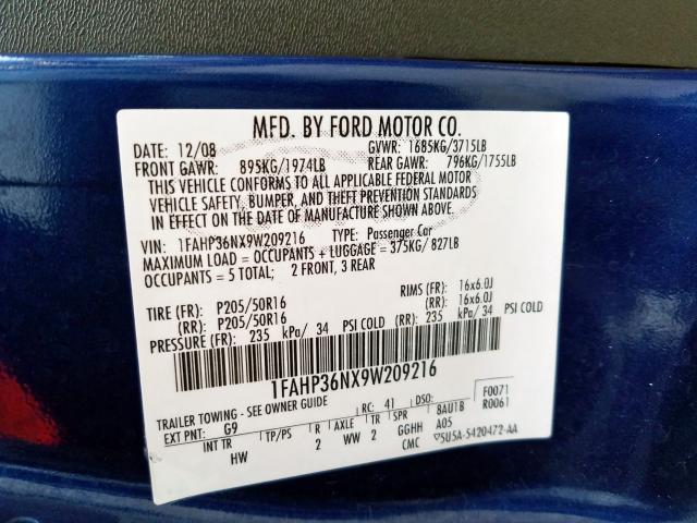 1FAHP36NX9W209216 - 2009 FORD FOCUS SES BLUE photo 10