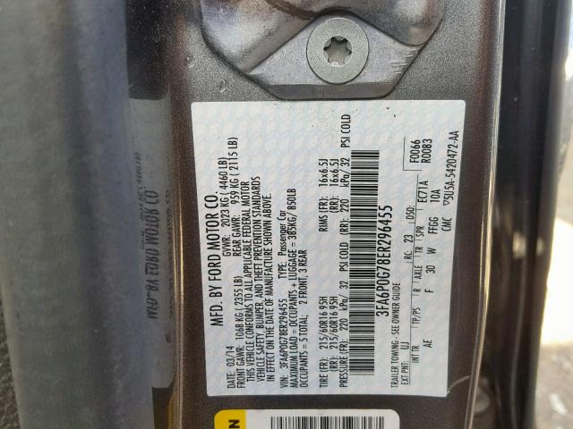 3FA6P0G78ER296455 - 2014 FORD FUSION S GRAY photo 10