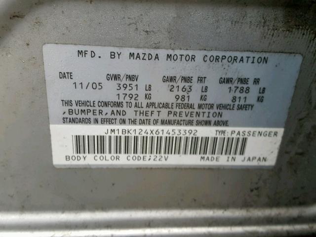 JM1BK124X61453392 - 2006 MAZDA 3 S SILVER photo 10