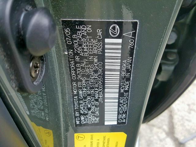 JTHBA30G955139010 - 2005 LEXUS ES 330 GREEN photo 10