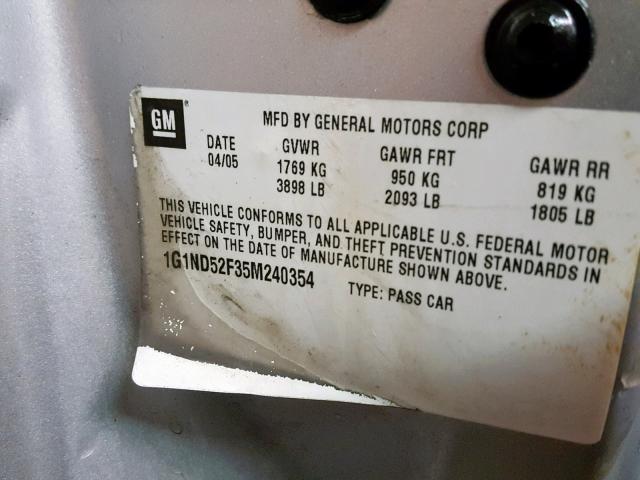 1G1ND52F35M240354 - 2005 CHEVROLET CLASSIC SILVER photo 10