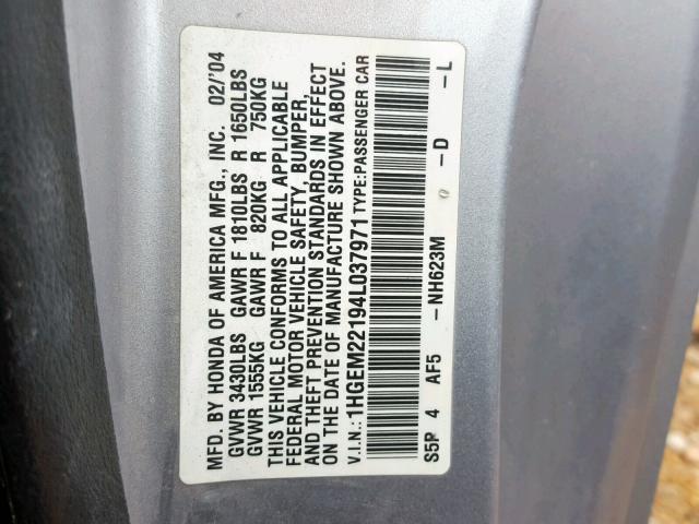 1HGEM22194L037971 - 2004 HONDA CIVIC DX V SILVER photo 10