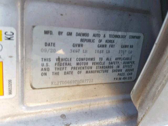 KL1TD56697B087722 - 2007 CHEVROLET AVEO BASE Күміс фото 10