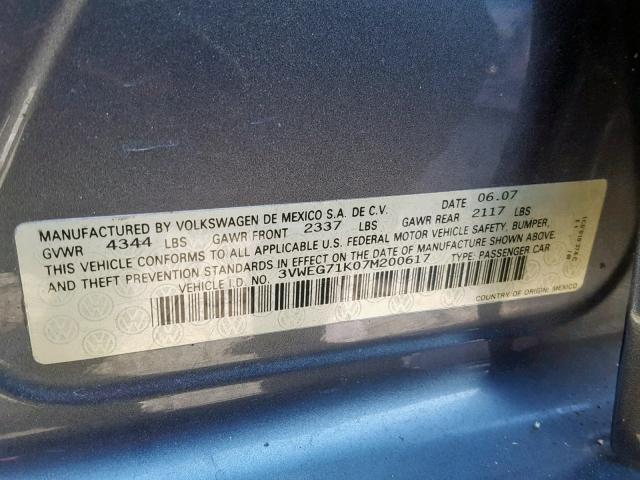 3VWEG71K07M200617 - 2007 VOLKSWAGEN JETTA WOLF GRAY photo 10