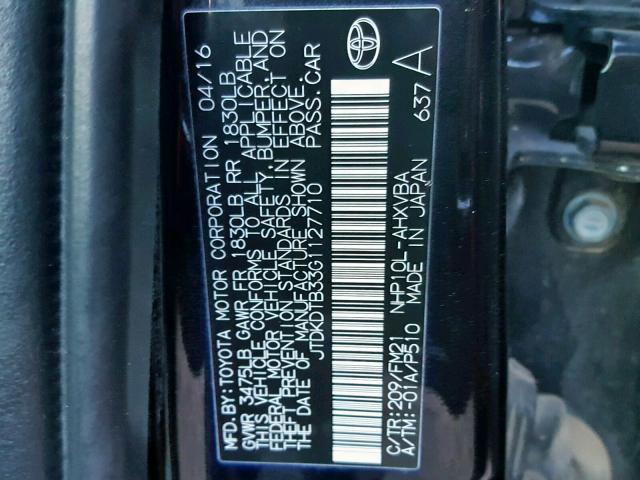 JTDKDTB33G1127710 - 2016 TOYOTA PRIUS C BLACK photo 10