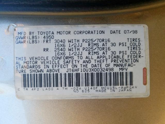 JT6HF10U3X0032498 - 1999 LEXUS RX 300 GOLD photo 10