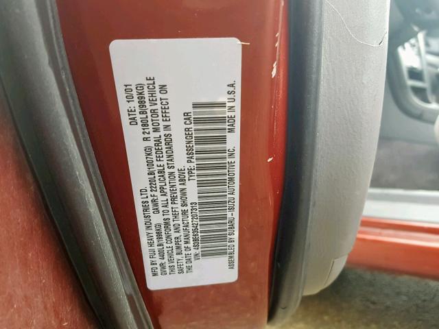 4S3BE635427207313 - 2002 SUBARU LEGACY L RED photo 10