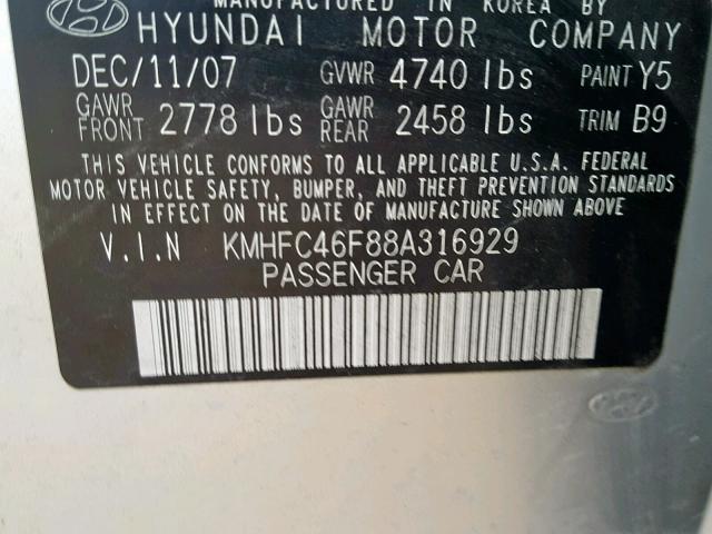 KMHFC46F88A316929 - 2008 HYUNDAI AZERA SE SILVER photo 10