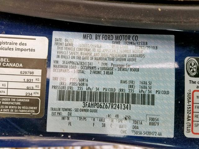 3FAHP06Z67R241341 - 2007 FORD FUSION S BLUE photo 10