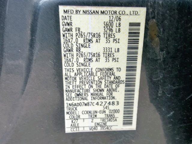 1N6AD07W87C427483 - 2007 NISSAN FRONTIER C GRAY photo 10