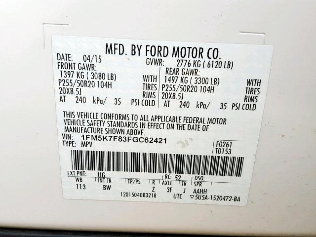 1FM5K7F83FGC62421 - 2015 FORD EXPLORER L WHITE photo 10