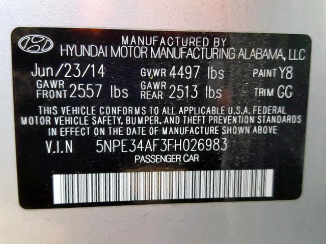 5NPE34AF3FH026983 - 2015 HYUNDAI SONATA SPO SILVER photo 10