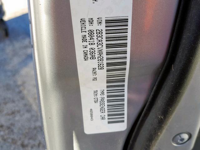 2B3CA3CVXAH281628 - 2010 DODGE CHARGER SX SILVER photo 10