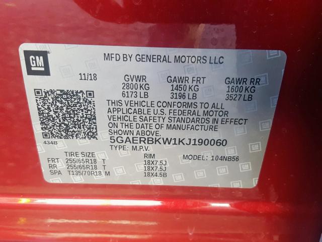 5GAERBKW1KJ190060 - 2019 BUICK ENCLAVE ES RED photo 10