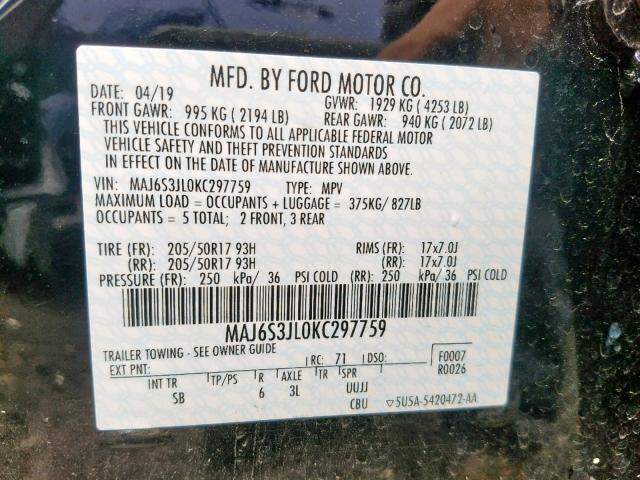 MAJ6S3JL0KC297759 - 2019 FORD ECOSPORT S BLACK photo 10