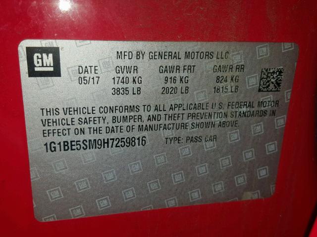 1G1BE5SM9H7259816 - 2017 CHEVROLET CRUZE LT RED photo 10