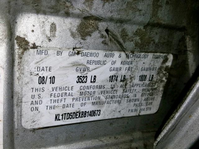 KL1TD5DEXBB140673 - 2011 CHEVROLET AVEO LS SILVER photo 10