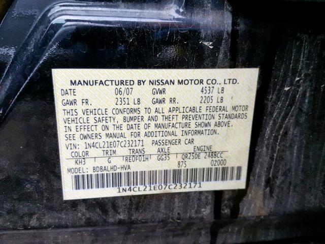 1N4CL21E07C232171 - 2007 NISSAN ALTIMA HYB BLACK photo 10