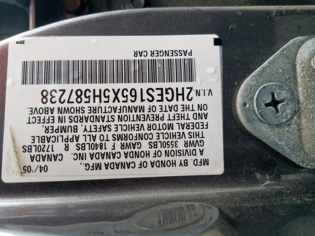 2HGES165X5H587238 - 2005 HONDA CIVIC LX GRAY photo 10