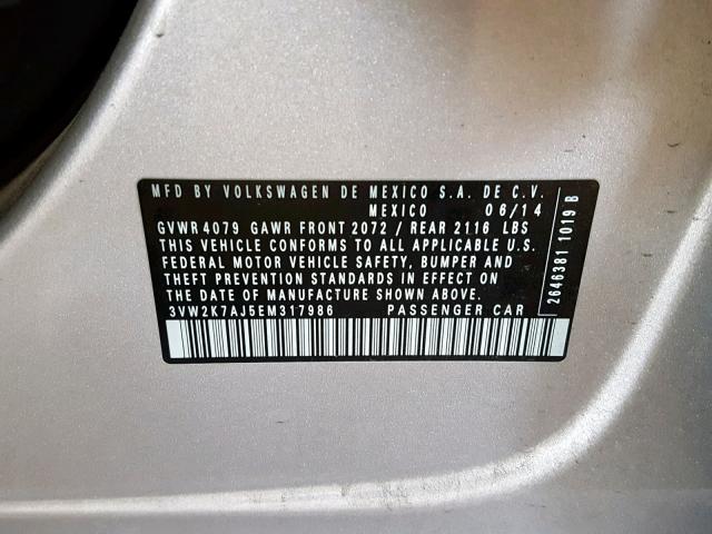 3VW2K7AJ5EM317986 - 2014 VOLKSWAGEN JETTA BASE 灰色 照片 10