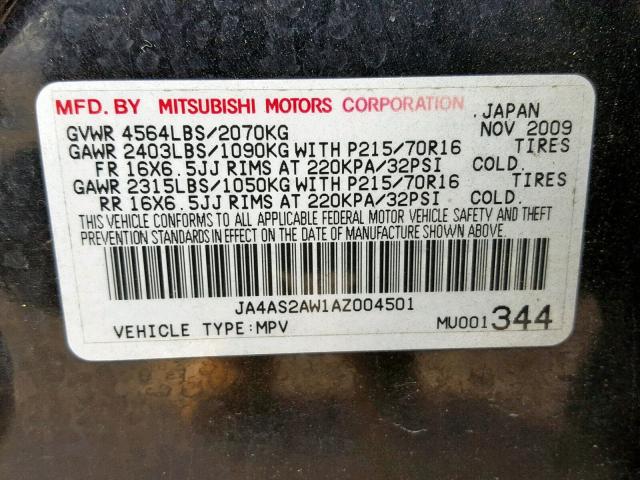 JA4AS2AW1AZ004501 - 2010 MITSUBISHI OUTLANDER BLACK photo 10