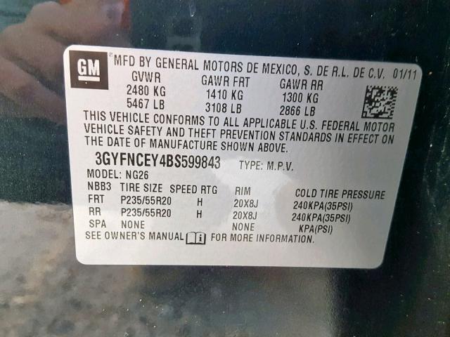 3GYFNCEY4BS599843 - 2011 CADILLAC SRX PREMIU BLACK photo 10