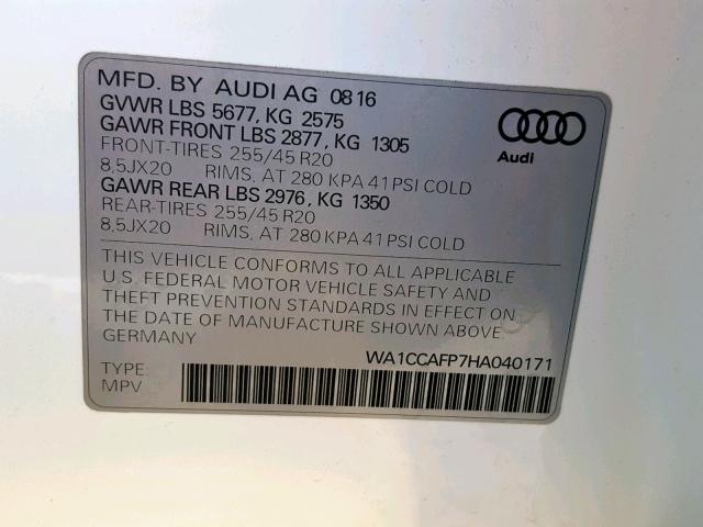 WA1CCAFP7HA040171 - 2017 AUDI SQ5 PREMIU WHITE photo 10