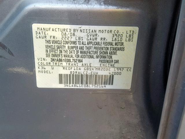 3N1AB61E08L752164 - 2008 NISSAN SENTRA 2.0 GRAY photo 10