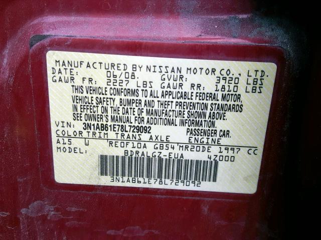 3N1AB61E78L729092 - 2008 NISSAN SENTRA 2.0 MAROON photo 10