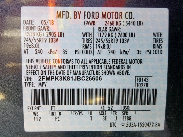 2FMPK3K81JBC26606 - 2018 FORD EDGE TITAN BLUE photo 10