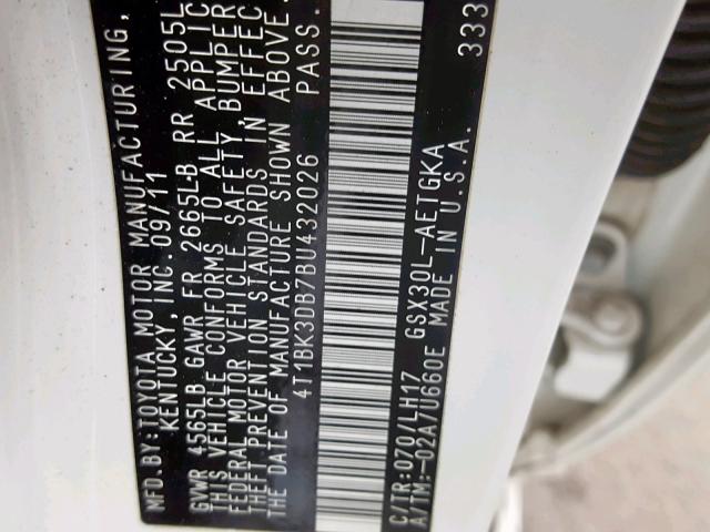 4T1BK3DB7BU432026 - 2011 TOYOTA AVALON BAS Ақ фото 10