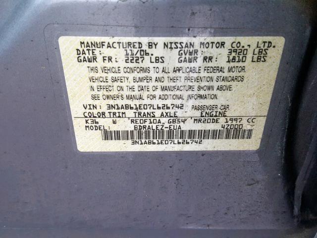 3N1AB61E07L626742 - 2007 NISSAN SENTRA 2.0 GRAY photo 10