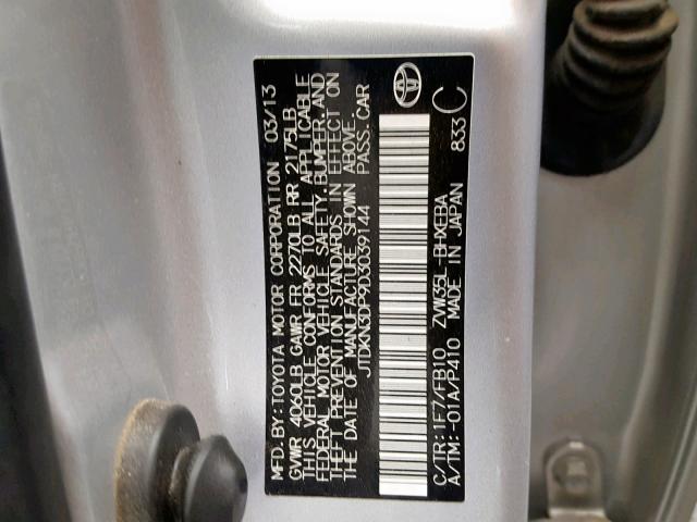 JTDKN3DP9D3039144 - 2013 TOYOTA PRIUS PLUG SILVER photo 10