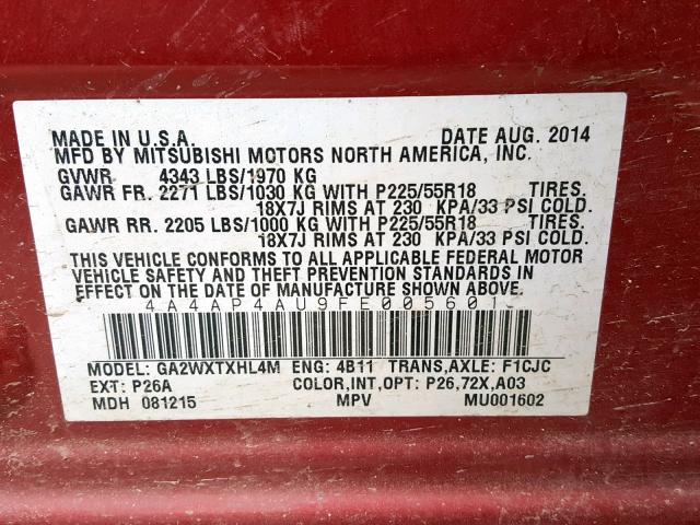 4A4AP4AU9FE005601 - 2015 MITSUBISHI OUTLANDER RED photo 10