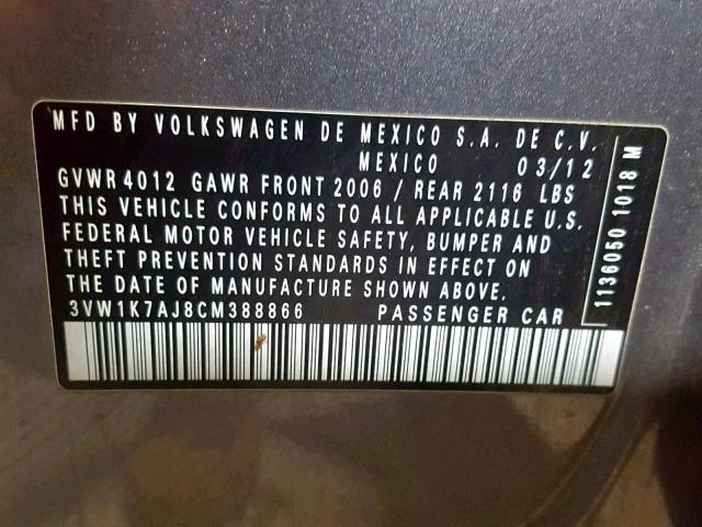 3VW1K7AJ8CM388866 - 2012 VOLKSWAGEN JETTA BASE Մոխրագույն լուսանկար 10