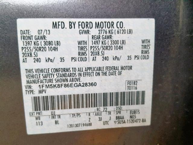 1FM5K8F86EGA28360 - 2014 FORD EXPLORER L GRAY photo 10