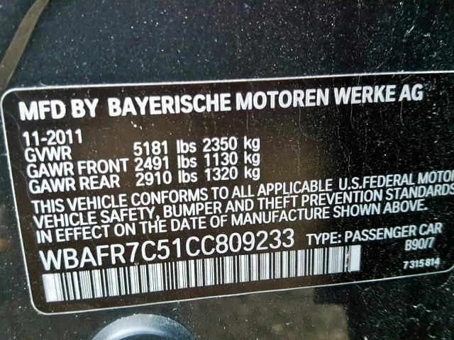 WBAFR7C51CC809233 - 2012 BMW 535 I GRAY photo 10