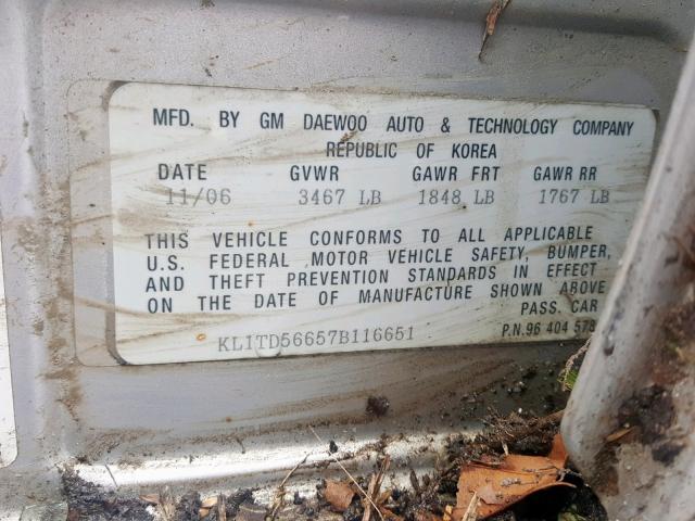 KL1TD56657B116651 - 2007 CHEVROLET AVEO BASE Күміс фото 10